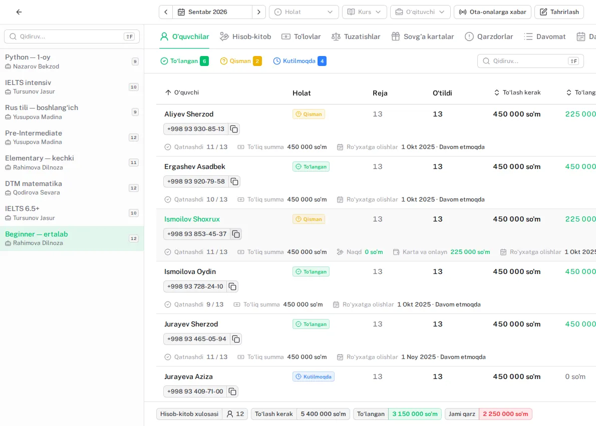 Monthly fees and debts — panel screenshot
