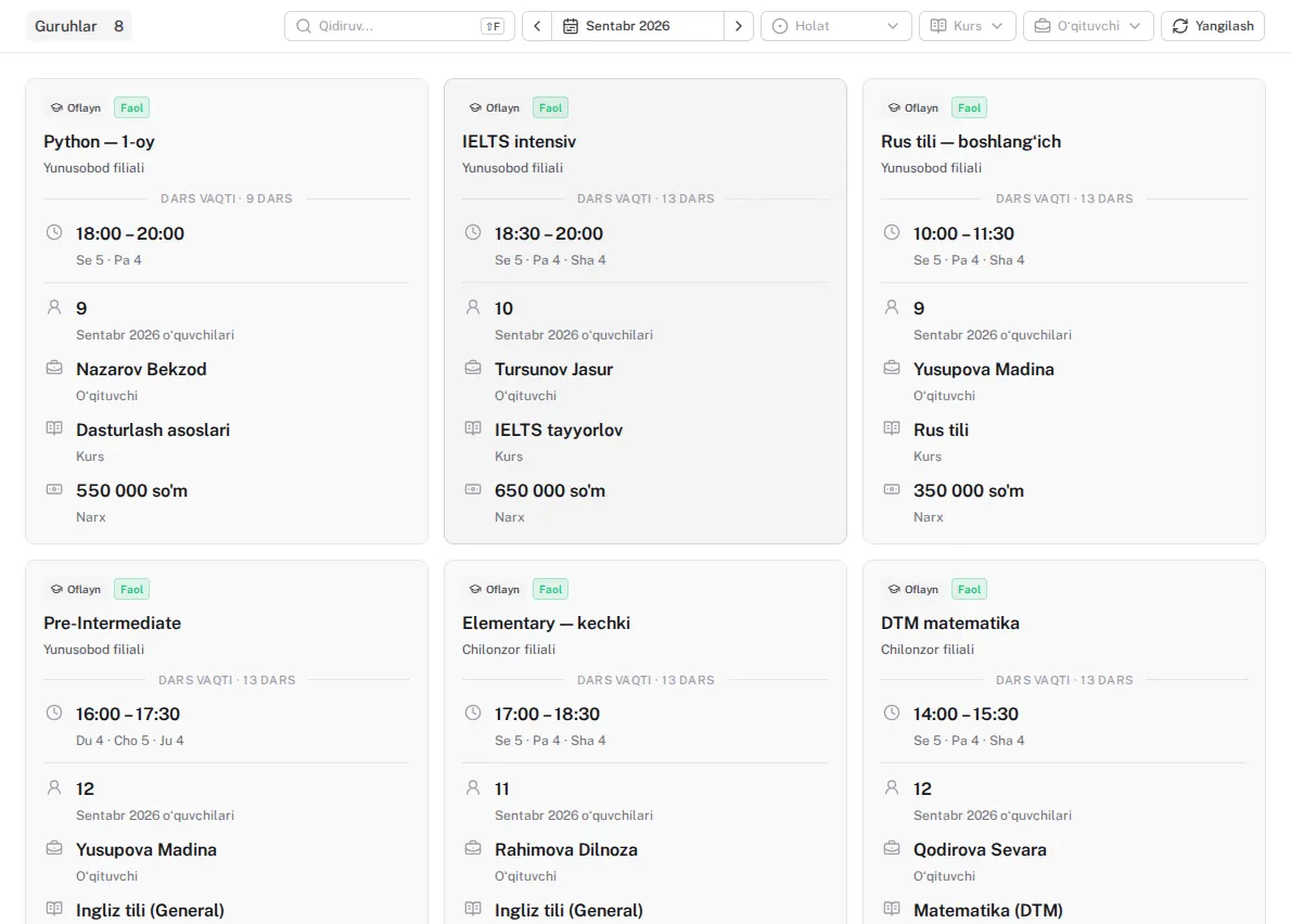 Students and groups — panel screenshot